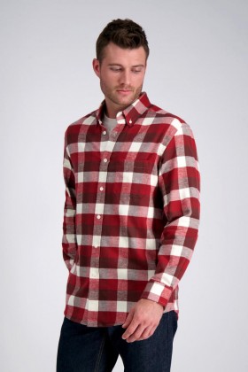 Haggar Tops | Long Flannel Plaid Shirt Heather Burgundy - Men