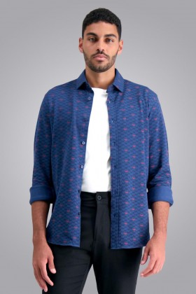  Camisa Haggar Tops | Camisa de piqué de manga larga con estampado de espiga, azul marino - Hombre
